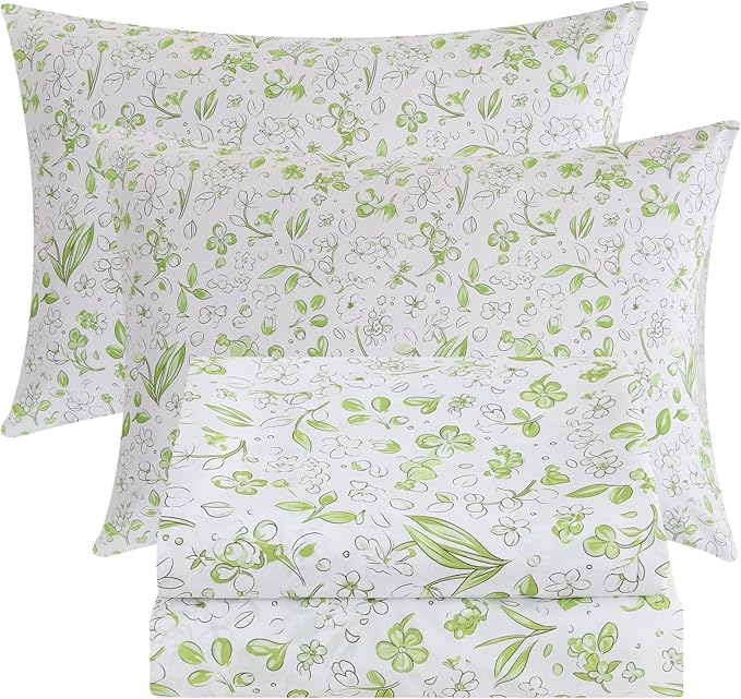 Bedlifes King Size Extra Deep Pocket Sheet Sets - Fits Mattresses Up to 18-24" Thick, 4-Piece Microfiber Set with 1800 Thread Count, Soft, Smooth, Breathable, Featuring Cute Printed Green Floral