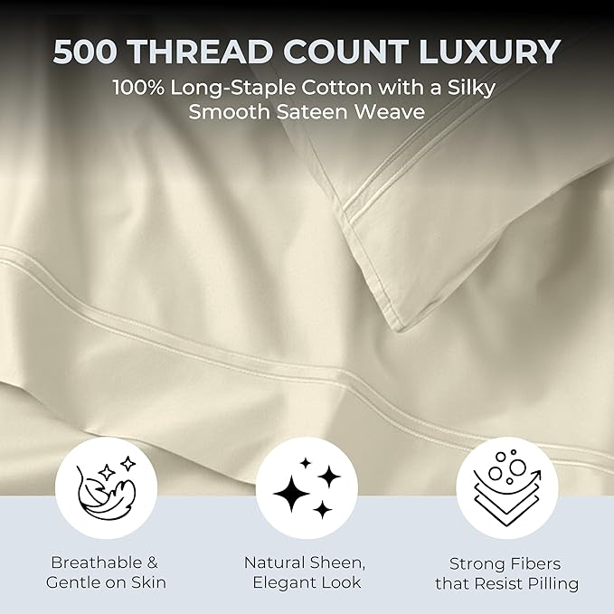100% Natural Cotton Bed Sheets | 500 TC Single-Ply Sateen Weave Full Size Sheets | Breathable & Hypoallergenic Solid 4-Piece Bedding with Deep Pocket Fitted, Flat, Pillowcase | Cream Beige