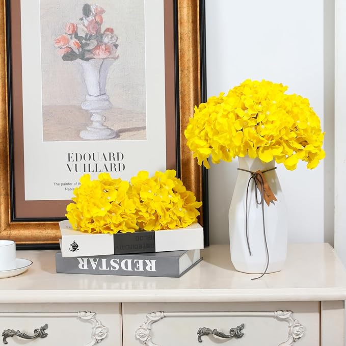 Fake Yellow Hydrangea Artificial Flowers - Faux Silk Hydrangeas Flowers Heads with Stems Real Touch for Home Wedding Party Table Decor(Yellow,Pack of 10)