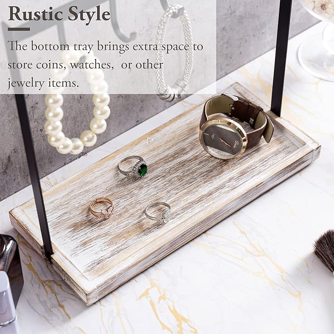 MyGift Black Metal Entryway Key Holder with 5 Hooks and Shabby Whitewashed Wood Base, Tabletop Necklace and Jewelry Organizer Rack with Ring Tray