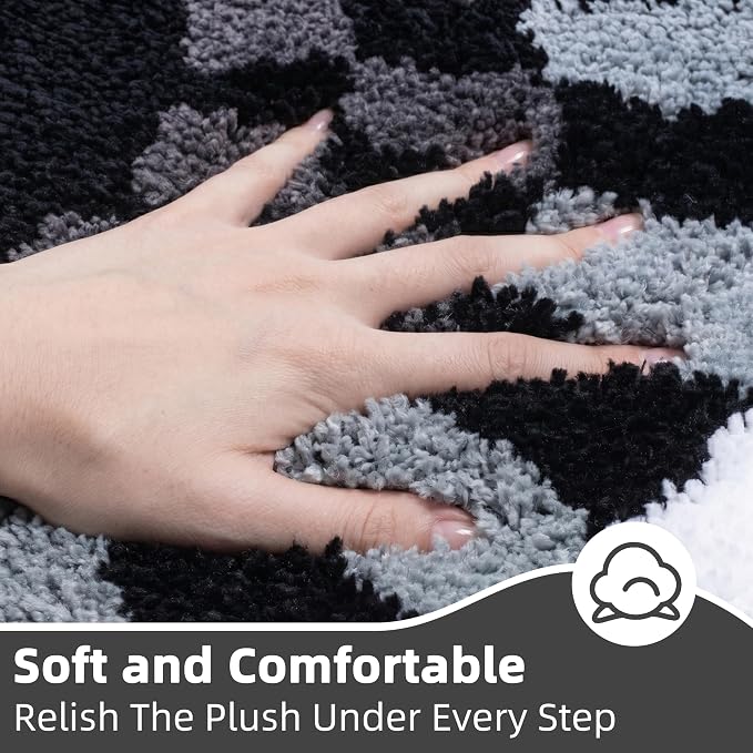 Non Slip Tufted Checkered Bath Mat, Cute Funky Microfiber Absorbent Bath Rug for Bathroom Sink, Toilet, High Pile Black and White Checkerboard Rug, Machine Washable, 16"x24"