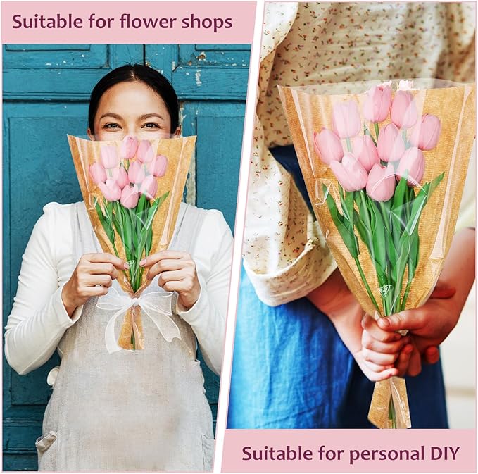 GALPADA Kraft Paper Floral Bag Floral Wrapping Paper Ribbons Sturdy Bouquet Wrapping Bags for Easy Flower Packaging
