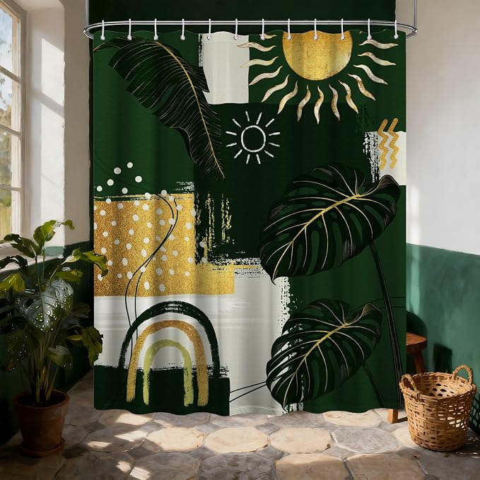 Small Stall Narrow Green and Gold Shower Curtain Bohemian Stand Up Abstract Shower Curtains for Rv Camper Bathroom Decor Sets, Waterproof Cloth Fabric with Hooks, 36 x 72 Inch