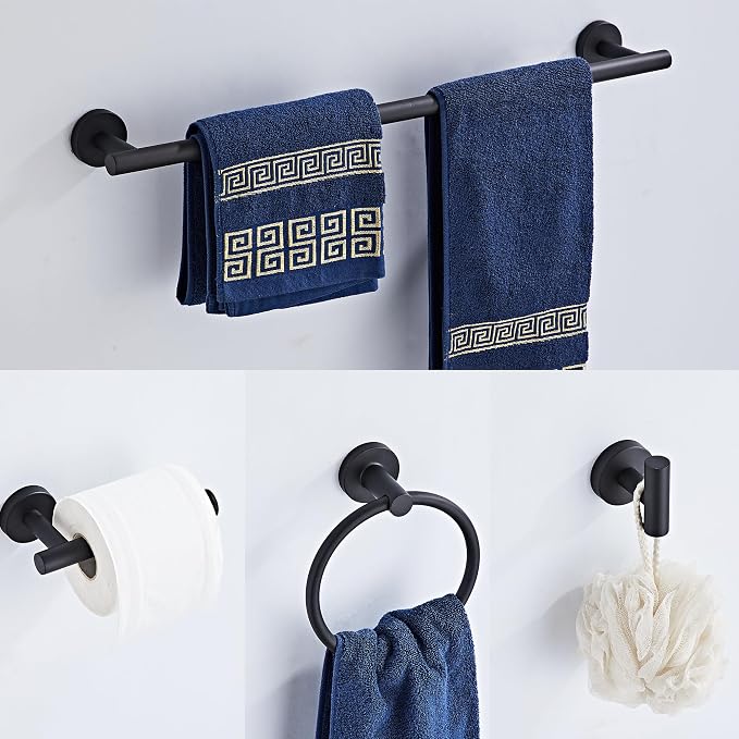 Matte Black Bathroom Hardware Set 5 Piece with Towel Racks for Bathroom, SUS304 Stainless Steel Bath Towel Bar Set, 24 Inch Wall Mounted Accessories Kit…