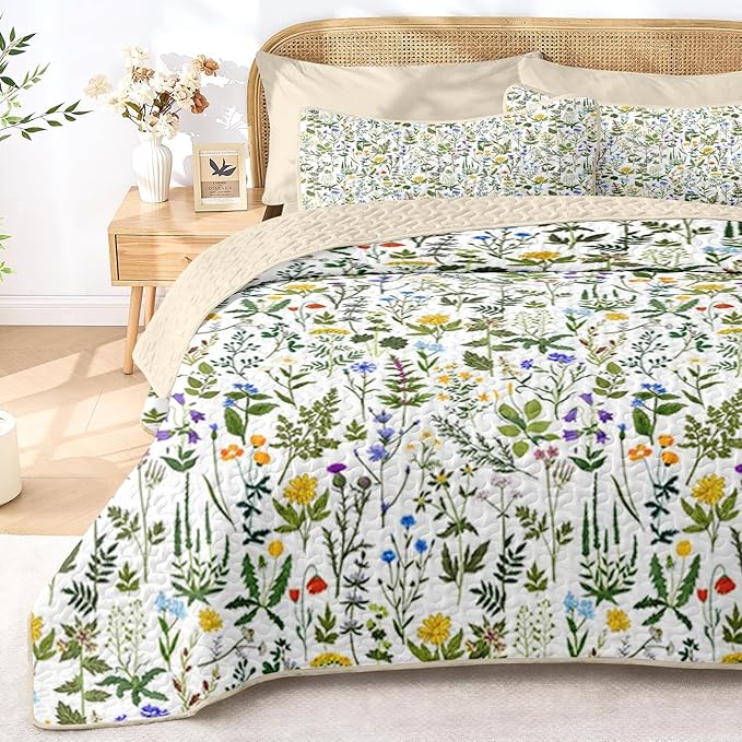Quilt Set Twin Size, Garden Floral 2 Pcs Soft Bed Cover Bedding Set, Country Rustic Farmhouse Lightweight Bedspread Coverlet with Pillow Sham for All Season
