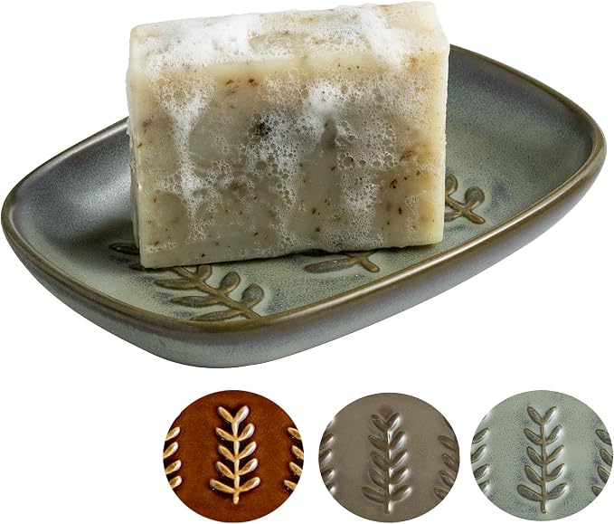 Miamolo Ceramic Soap Dish Bar Soap Holder for Shower, Soap Dishes for Bar Soap Sponge, Shower Soap Saver Tray for Bathtub Bathroom Kitchen Sink, Housewarming Gift, Pro-Environment, Dark Green