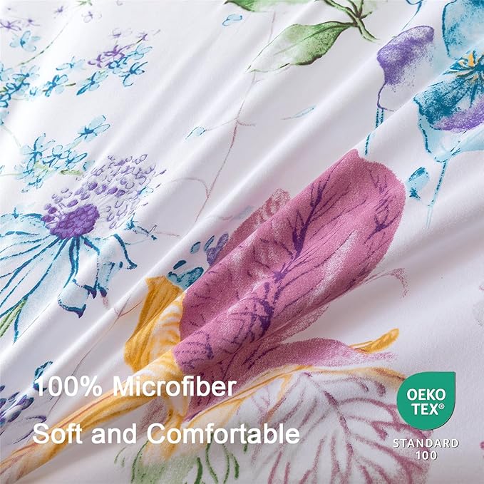 Nayoroom Floral Duvet Cover Set Queen Size Purple Pink Watercolor Flowers Green Plant Leaves Printed on White Comforter Cover 3Pcs Soft Microfiber Garden Style Bedding Set with Zipper Closure