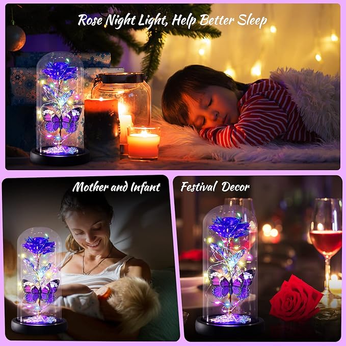 Purple Butterfly Rose Flower Birthday Gifts - Women Gifts for Her Mothers Day Valentines Anniversary Christmas Thanksgiving - Light Up Rose Flower Gifts for Mom Wife Grandma Girlfriend Daughter Sister