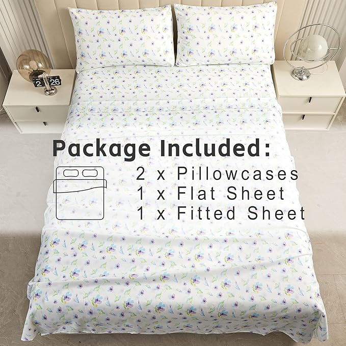 Softan Floral Queen Sheet Set Purple Flower Bed Sheets Queen Printed Sheets - 4 Piece Soft Microfiber Patterned Fitted Sheets with 15" Deep Pocket and Corner Straps, Cute Blue Flower Sheets