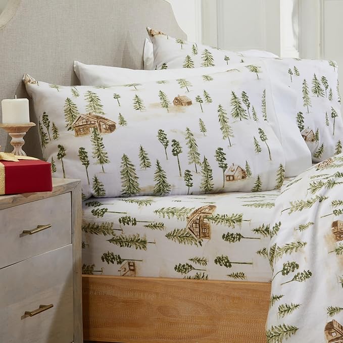 Market & Place 100% Cotton Queen Flannel Sheet Set | 4 Piece Deep Pocket Novelty Cozy Winter Bed Sheets | Double Brushed for Extra Softness & Comfort | Alpine Collection (Queen, Watercolor Forest)