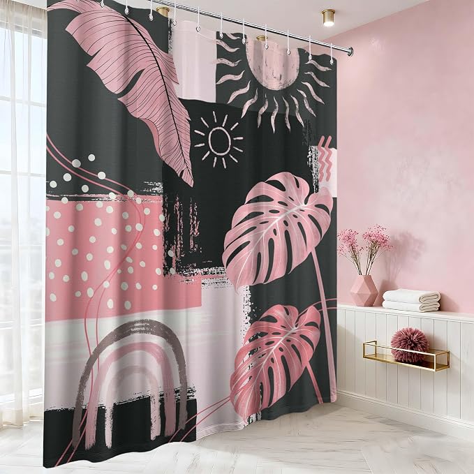 Pink and Gray Mid Century Modern Shower Curtain Bohemian Abstract Light Pink and Grey Shower Curtains for Bathroom Decor Sets, Waterproof Cloth Fabric with Hooks, 72x84 Inch