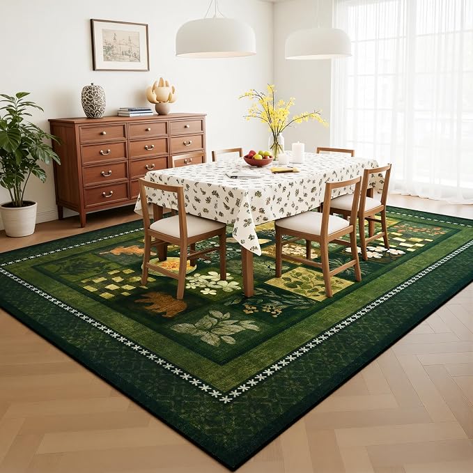 Tepook 4x6 Area Rugs for Living Room, Modern Large Geometric Rug for Bedroom, Washable Patchwork Rug Indoor Non Slip Throw Carpets for Dining Room Office Farmhouse Home Decor, Dark Green