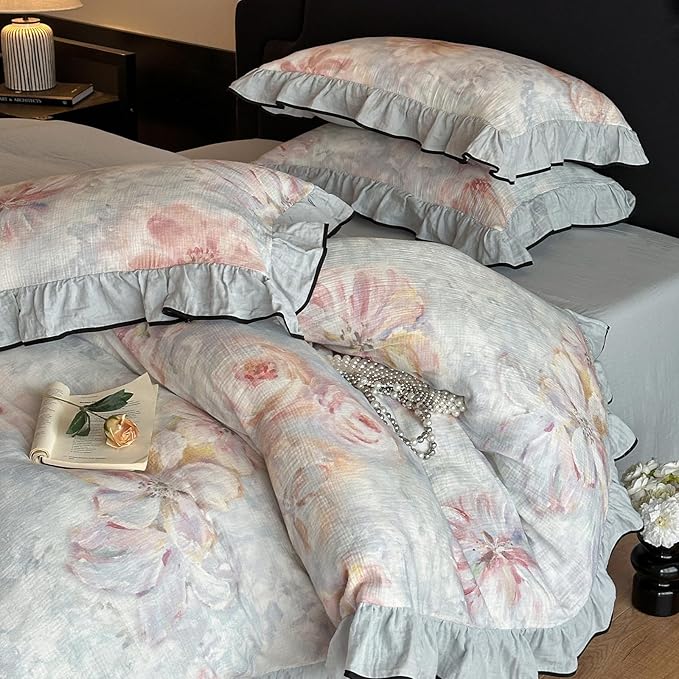 HighBuy College Girl Ruffle Duvet Cover Set Twin XL,Linen Cotton Comforter Cover Blue Floral Bedding Set Chic Cottagecore,Muslin Yarn-Dyed Textured Duvet Cover Set with Zipper,Breathable
