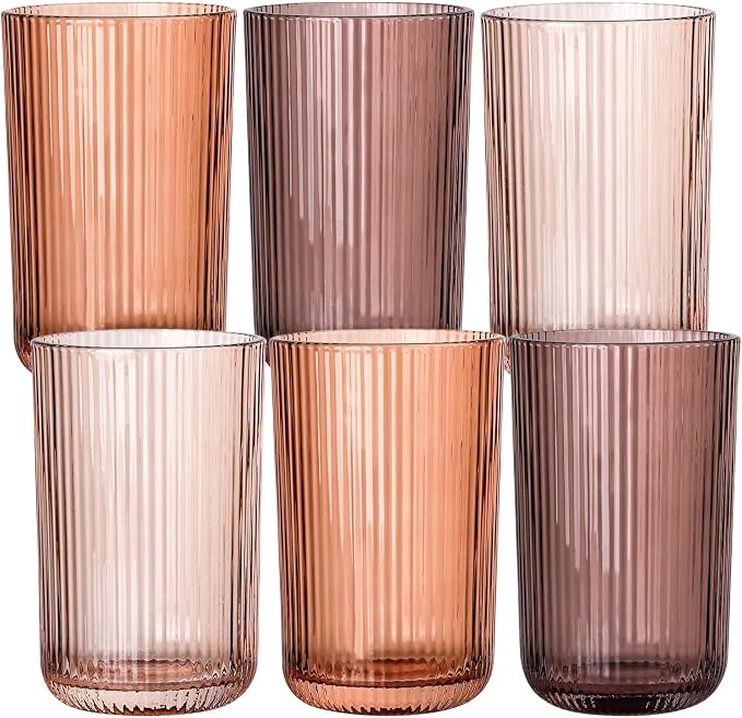 Melanin Colored Ribbed Highball Glasses Set of 6, 13.2oz Vintage Melanin Colored Glassware, Drinking Glasses for Water, Juice, Iced Coffee, Cocktails, Ribbed Glass Cups, Housewarming Christmas Gift