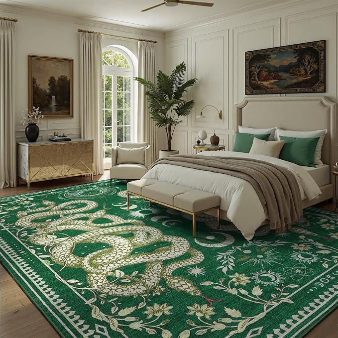 DCX Washable 8x10 Snake Rug, Green Gothic Rug for Living Room, Soft Low Pile Carpet, Kid & Pet Friendly with Rubber Back Non Slip, Stain Resistant Rug for Bedroom Dining Room Office