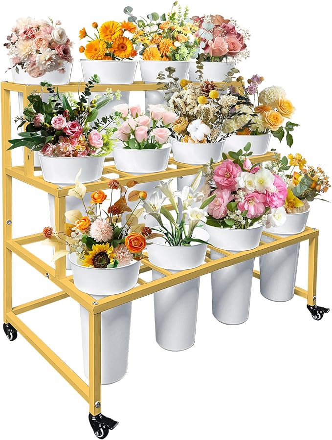 PROLEE Flower Stand with 12 Buckets, Flower Display Stand with Wheels, Flower Cart, Moving Florist Bouquet Shelf, Rectangular, Gold