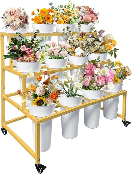 PROLEE Flower Stand with 12 Buckets, Flower Display Stand with Wheels, Flower Cart, Moving Florist Bouquet Shelf, Rectangular, Gold