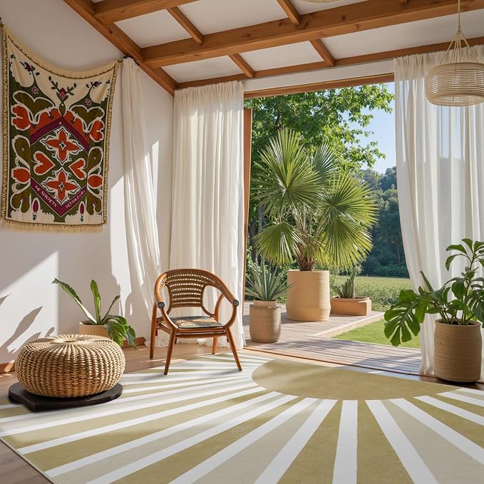 Lahome Rug for Living Room - 5'x7' Area Rug Washable Non-Slip Bedroom Carpet Ultra-Thin Cute Soft Kids Nursery Rug, Boho Rainbow Sun Print Non-Shedding Indoor Rugs for Entryway Office (5'x7', Khaki)