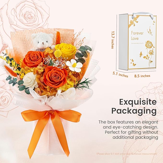 Polylove Forever Flower Bouquet Flowers for Delivery Prime Preserved Roses with Bear Gift Box for Wife Women Mother Day Anniversary Birthday (Orange)