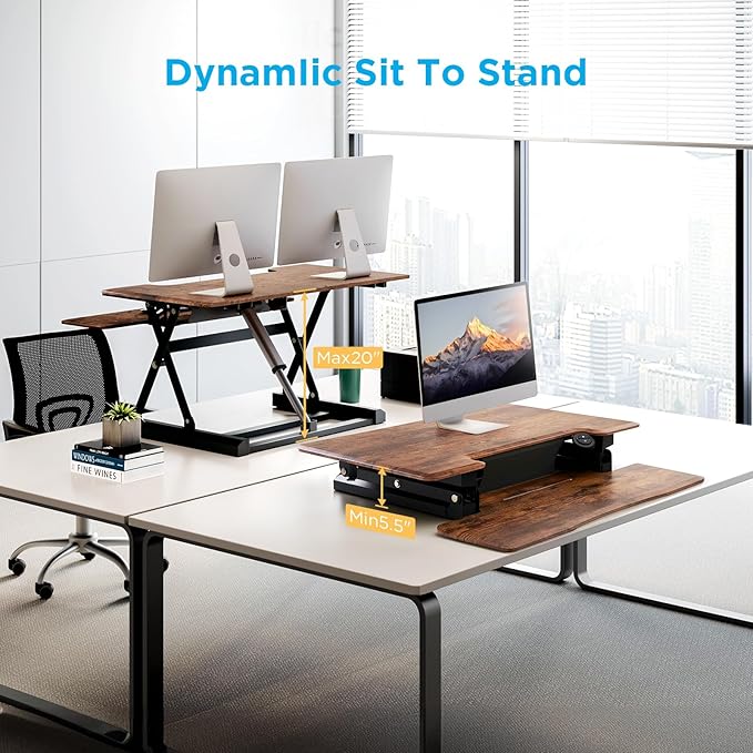 32" Electric Standing Desk Converter, Dyropcurv Series Height Adjustable Computer Desk Ergonomic Home Office Desk for Adults, Sit to Stand Desk with Quiet Motor, Vintage Brown