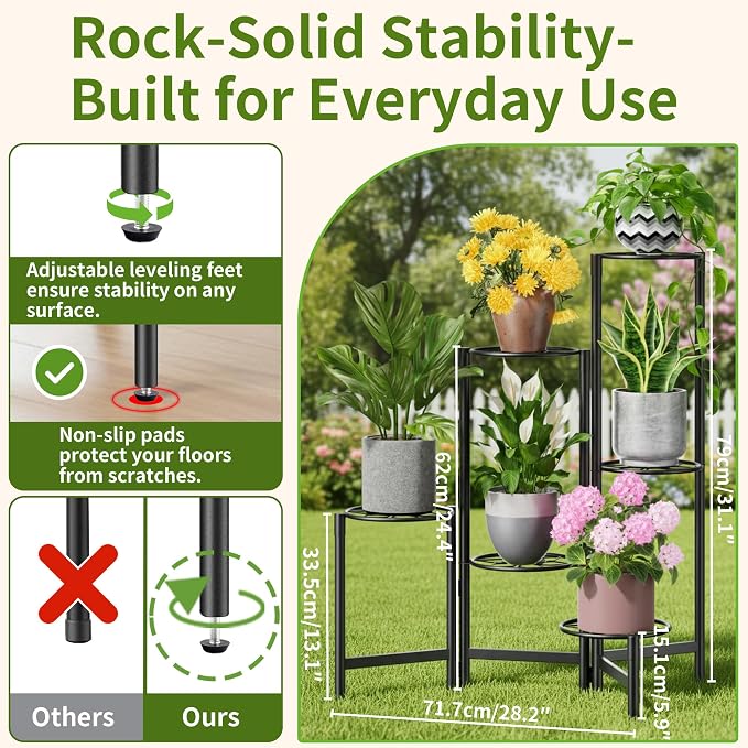 6 Tier Metal Plant Stands Outdoor Indoor, Heavy Duty Flower Pot Holder Potted Display Rack Shelf, Tall Corner Plant Shelf for Patio Garden Balcony Living Room Bedroom -BlackDiamond