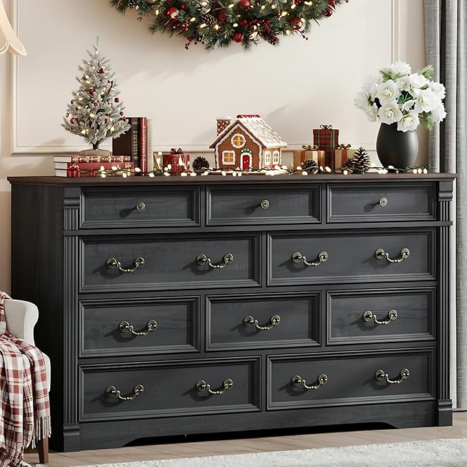 Farmhouse 10 Drawers Dresser, 59" Wide Rustic Chest of Drawers, Black Dresser for Bedroom with Chic Wood Pilasters, Storage Organizer for Living Room, Hallway