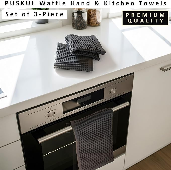 PÜSKÜL Natural 100% Turkish Cotton Waffle Kitchen Towels Set of 3 | Oeko-Tex, Premium Waffle Hand Towels for Bathroom | Soft Absorbent Quick-Dry Lint-Free Dish Towel Large 32x16 inch (3, Dark Gray)
