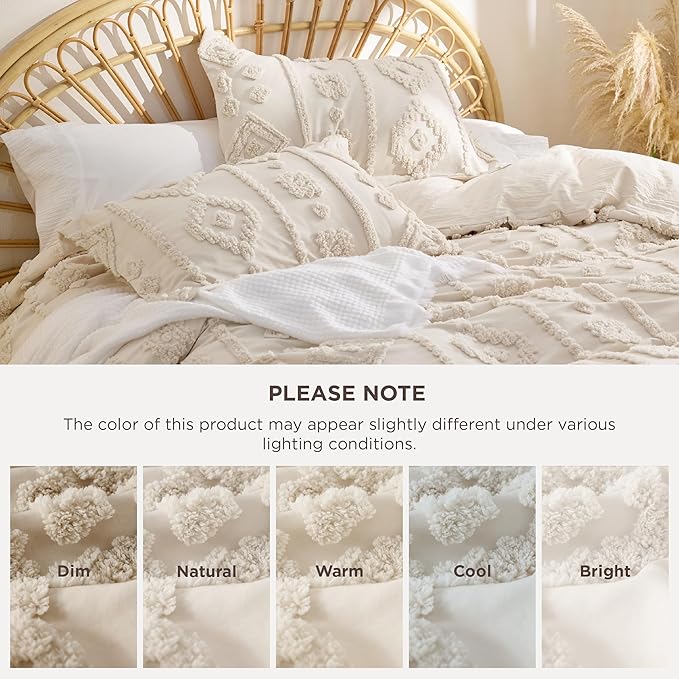 Bedsure Boho Duvet Cover King - Beige Tufted Boho Bedding, Farmhouse Shabby Chic Embroidery Bedding for All Seasons, 3 Pieces, 1 Soft Jacquard King Comforter Cover and 2 Pillow Shams