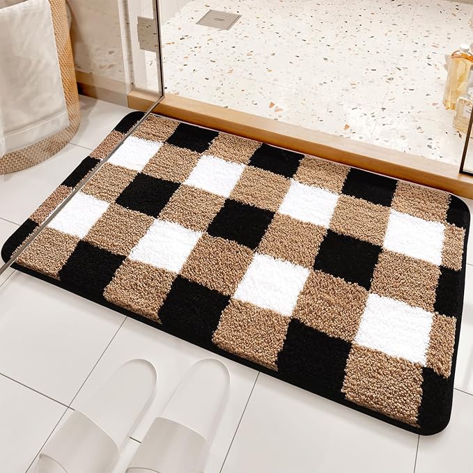 Checkered Bath Mat - Super Absorbent, Soft and Thick, Rubber Backing Non-Slip, Machine Washable Shower Rug, Bath Mat, Bathroom Home Decor Accessories, 20"x31" (50x80cm), Brown