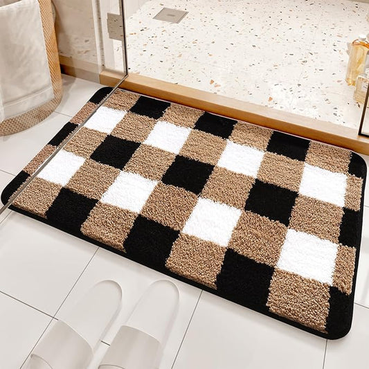 Checkered Bath Mat - Super Absorbent, Soft and Thick, Rubber Backing Non-Slip, Machine Washable Shower Rug, Bath Mat, Bathroom Home Decor Accessories, 16"x24" (40x60cm), Brown