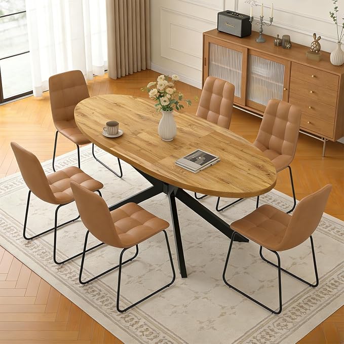 63"-78.7" Extendable Round Dining Table for 4-6 People, Mid Century Modern Oval Kitchen & Dining Room Table with Metal Frame, Large Folding Dining Table for Dining Living Room Space Saving, Walnut