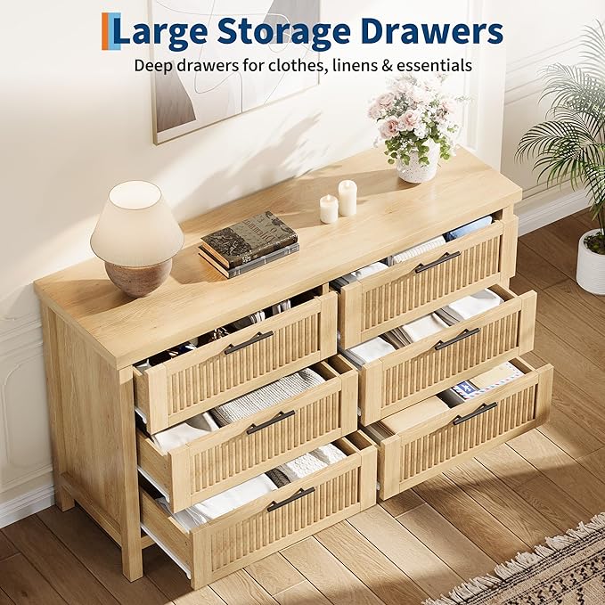 GarveeHome Fluted 6 Drawer Dresser for Bedroom, 47.4 in Wide Mid Century Modern Chest of Drawers, Wooden Fluted Dresser Chest with Clothes Storage Cabinet, Drawer Organizer for Living Room, Natural