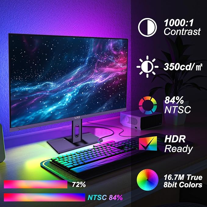 LXZ Gaming Monitor 27 inch, 144hz Monitor 3840 * 2160P, IPS Display, Eye Care, DP/HDMI, Wall Mount Compatible - Black