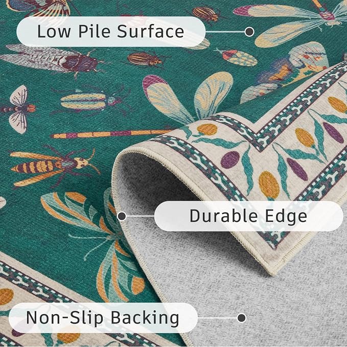 DCX 8x10 Washable Insect Rug, Vintage Gothic Deep Teal Rug with Non-Slip Rubber Backing, Soft Low-Pile, Stain-Resistant, Kid & Pet Friendly, for Living Room, Bedroom, Office, and Nature-Themed Decor