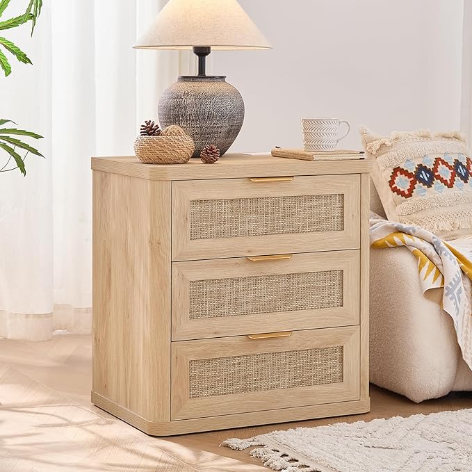 LEYAOYAO Rattan Night Stand with Charger Station, 23" Large 3 Drawer Boho Nightstand, Natural Wood Bedside Table Storage Cabinet, Bed Side End Tables for Bedroom, Living Room, Hallway