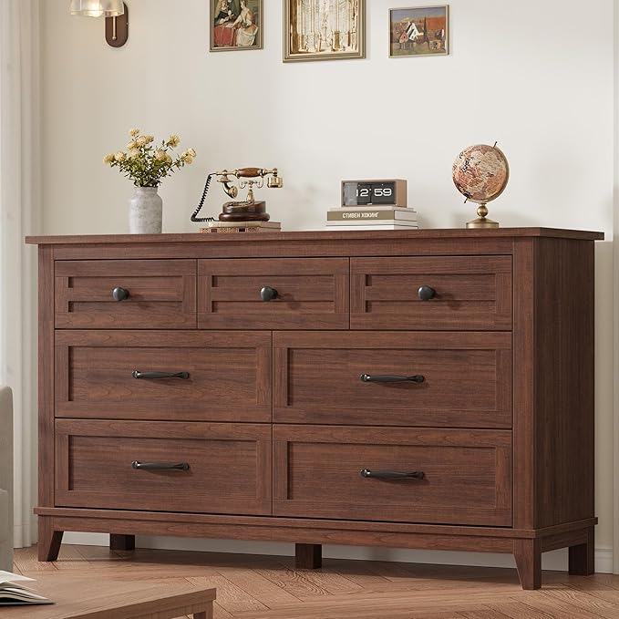 GarveeHome 7 Dresser for Bedroom, 54 in Wide Drawer Dresser with Storage Freestanding, Wooden Closet Storage Chest for Living Room, Bedroom, Entryway, Walunt
