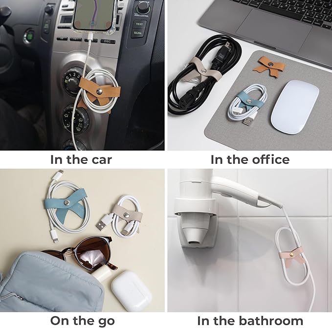 SenseAGE 5 Pack Cord Organizer, Bow Cord Keeper, Cable Organizer USB Holder, Leather Cable Management, Cable Straps, Earphone Winder, Storage Straps for Electronics, Earbuds (Moonlight Grey, Small)
