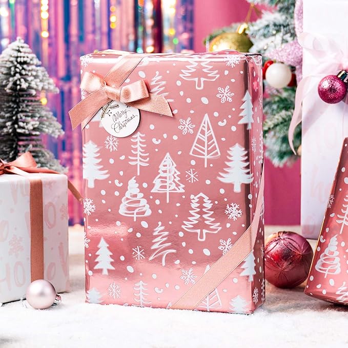 MAYPLUSS Pink Christmas Wrapping Paper Roll - 17IN X 33FT - Gift Wrapping Paper Featuring Christmas Tree Snowflake Reversible HO for Kids, Holiday, New Year