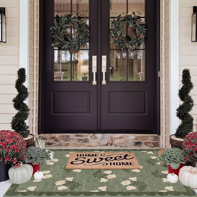 4x6 Covered Outdoor Patio Rug - Green Washable Front Porch Entry Rug Non-Slip Door Mat Indoor Outside Entrance Vintage Floral Scalloped Area Rug for Living Room Entryway Backyard Porch Decor