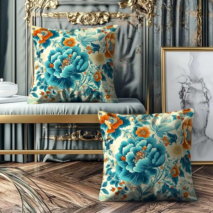 Turquoise Floral Throw Pillow Covers Set of 2 | Teal Vintage Flower Pillow Cases for Home Decor | Decorative Square Cushion Cases for Sofa and Chair | 18x18 Inches