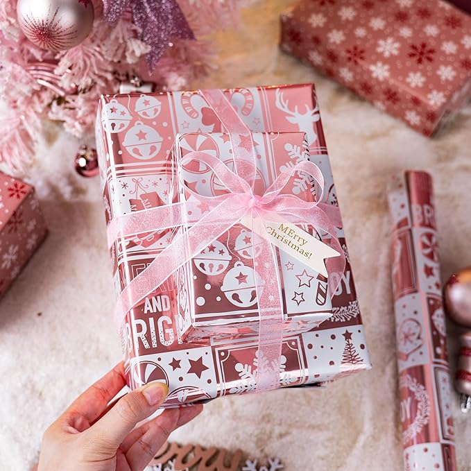 MAYPLUSS Christmas Wrapping Paper Roll, 17 Inch X 16.5 Feet Gift Wrapping Paper Featuring Gold Rose Deer Cane Candy Bell Gloves Reversible Snowflake, Thick Wrap Paper for Holiday Party New Year Kids