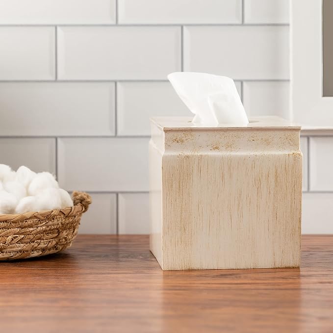 Creative Scents Rustic Luxe Tissue Box Cover Square – Beige Tissue Box Holder with Oval Opening, Modern Farmhouse Bathroom Accessories Decor