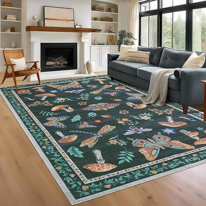 Washable 9x12 Black Area Rugs Living Room Large Rug Boho Vintage Floral Carpet Soft Bedroom Indoor Floor Mats Non-Slip Farmhouse Rustic Style Carpet for Nursery Dining Room Home Decor Office, Black