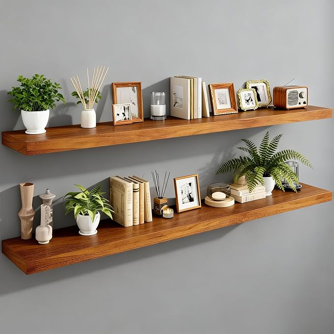 IAE Floating Wall Shelves 55 inch,Bathroom Shelving Wall Mounted,Invisible Shelf Floating Kitchen Shelves,Wooden wall Shelf with Brackets for Living Room wall Mounted,Easy Install,Set of 2,Teak