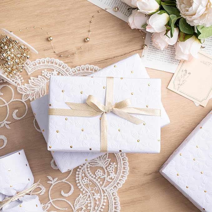 RUSPEPA White Wrapping Paper Roll, Mini Roll, Flower with Gold Dot Design Perfect for Wedding, Birthday, Anniversary, Bridal Shower, 17 Inches x 16.4 Feet