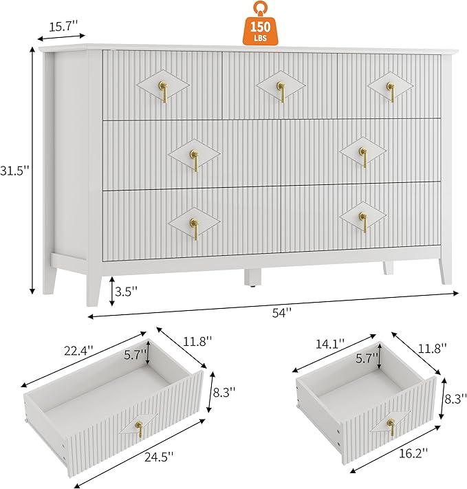 GarveeHome Fluted Dresser for Bedroom, 54 Inch Wide 7-Drawer Wood Dresser, Modern Chest of Drawers, Storage Organizer Cabinet for Living Room, Hallway, Entryway, White