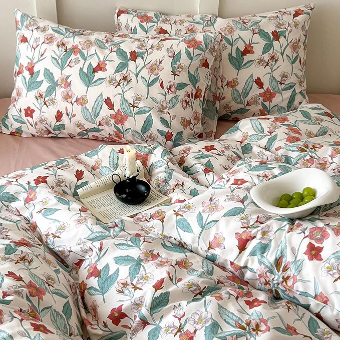 EAVD Red Floral Duvet Cover King Soft 100% Cotton Garden Floral Leaves Botanical Bedding Set with 2 Pillowcases Chic Shabby Vintage Floral Comforter Set with Zipper Closure