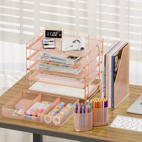 OPNICE Desk Organizer - 5-Tier Paper File Holder with Drawer & Pen Holder | Rose Gold Office Accessory