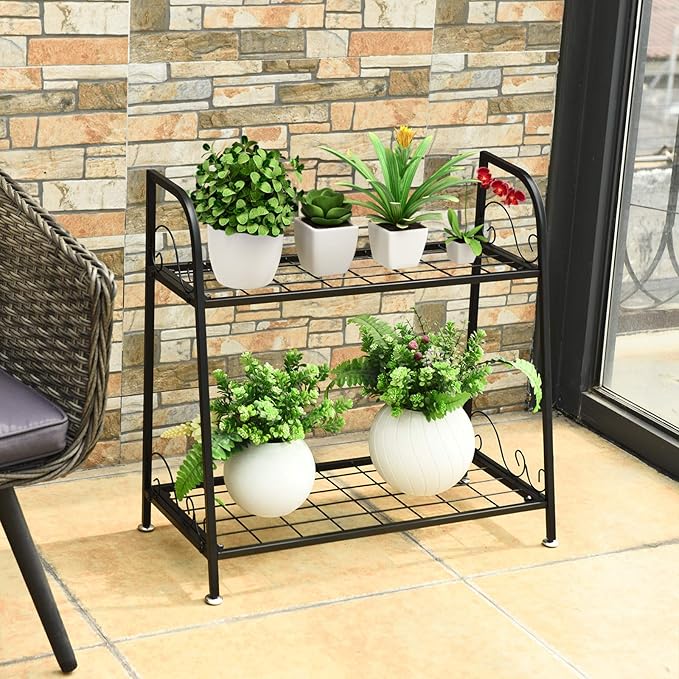 Giantex 2 Tier Metal Plant Stand, Indoor Outdoor Plant Shelf, Flower Rack Display Shelf, Flower Pots Holder with Adjustable Feet for Garden, Balcony, Living Room (2-tier (25'' x 12'' x 24.5''))