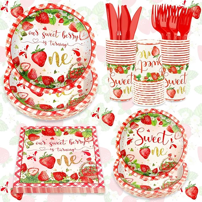 120 PCS 1st Birthday Decor, A Berry Sweet Girl is Turning One Disposable Tableware for Bday Thanksgiving Christmas, Strawberry Sweet One Birthday Tableware Set Plates Napkins Cups Knives Forks for 20